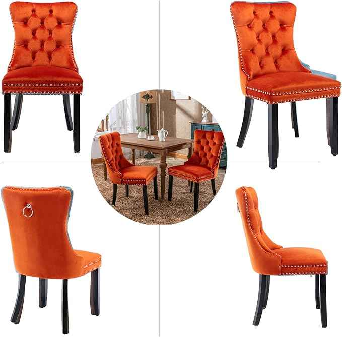 Velvet Dining Chairs Set of 4, Upholstered Dining Room Chairs with Back Ring Pull Trim and Solid Wood Legs,Tufted Wingback Kitchen Chair Perfect for Dining Room,Living Room,Kitchen(Orange)