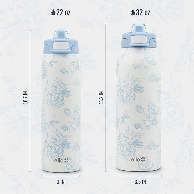 Ello Pop & Fill 22oz Stainless Steel Water Bottle with QuickFill Technology, Double Walled and Vacuum Insulated Metal, Leak Proof Locking Lid, Straw and Chug, Reusable, BPA Free, Porcelain Rose