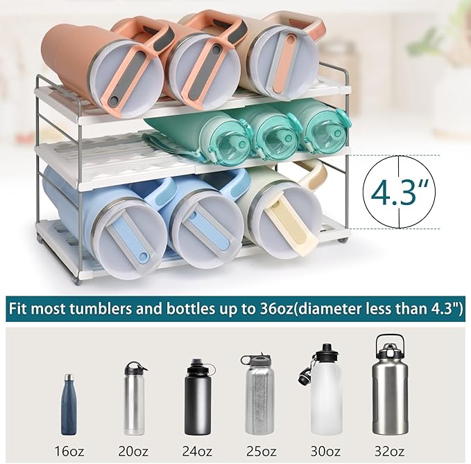 10.6-16.7" Adjustable Width Water Bottle Organizer for Cabinet, 3-Tier Expandable Water Bottle Holder Rack, Cup and Tumbler Storage for Kitchen Organization, Sports Flask, Insulated Travel Mug, Fridge