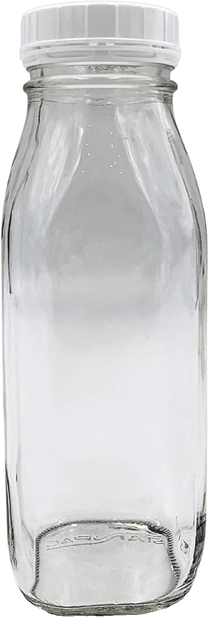 The Dairy Shoppe Glass Milk Bottle, Heavy Glass with Extra Lid, Creamery Style (4, Threaded Pint)