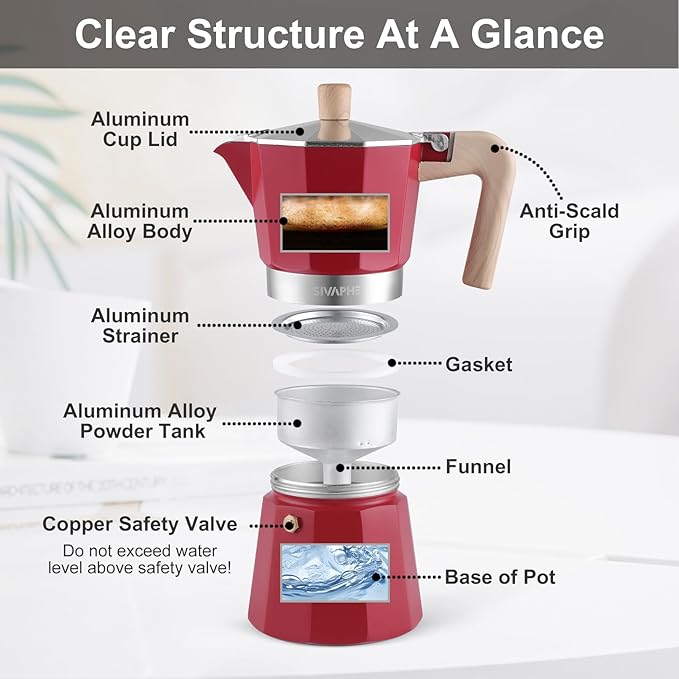 Sivaphe Aluminum Moka Pot 6 Espresso Cups, Percolator Espresso and Coffee Maker, Portable Stovetop Italian and Cuban Café Brewer for Home and Camping Red