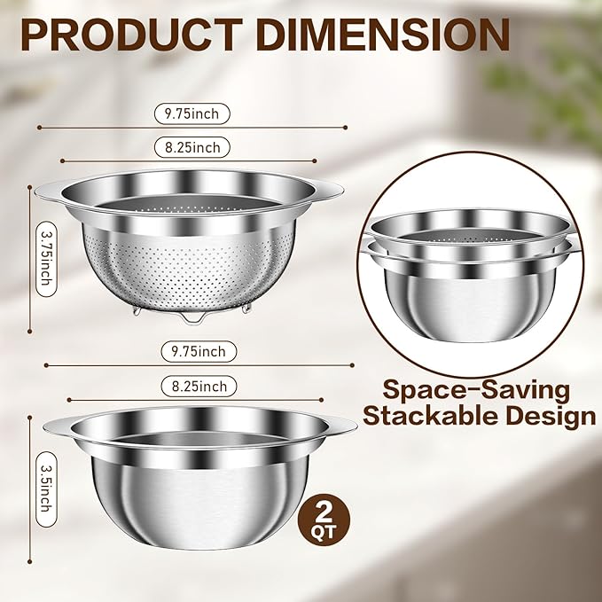 Stainless Steel Strainer with Mixing Bowl, Rice Washer, Colander for Kitchen, Rice Strainer, Fruit and Vegetable Wash, Microporous Colander, Fruit Cleaner Bowl, Dishwasher Safe, 2 Quart