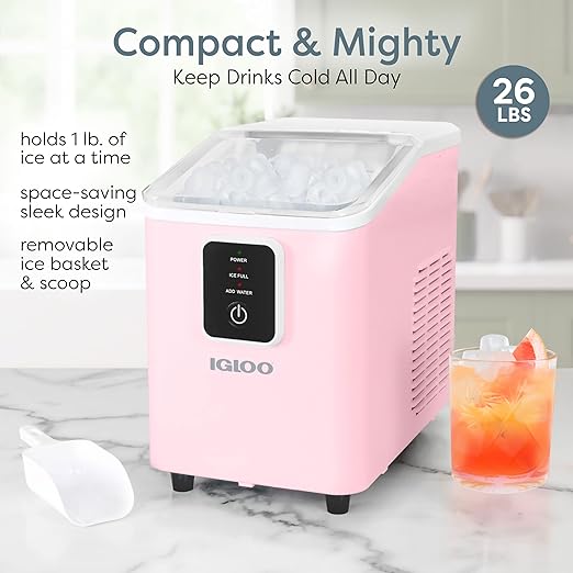 Igloo Portable Ice Maker with Scoop & Basket - Ice Maker with LED Control Panel & 1 Quart Water Tank- Ice Cube Maker Produces 26 Lbs Of Ice In 24 Hours with 8 Large or Small Cubes In 7-8 Minutes- Pink