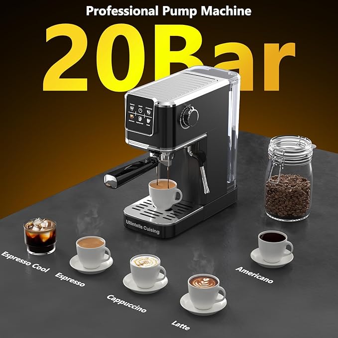 Espresso Machine 20 Bar,Touch Screen Espresso Maker with Steam Milk Frother,Compact Stainless Steel Coffee Machine for Cappuccino Latte Americano Espresso Cool,Gift for Coffee Lovers,Black
