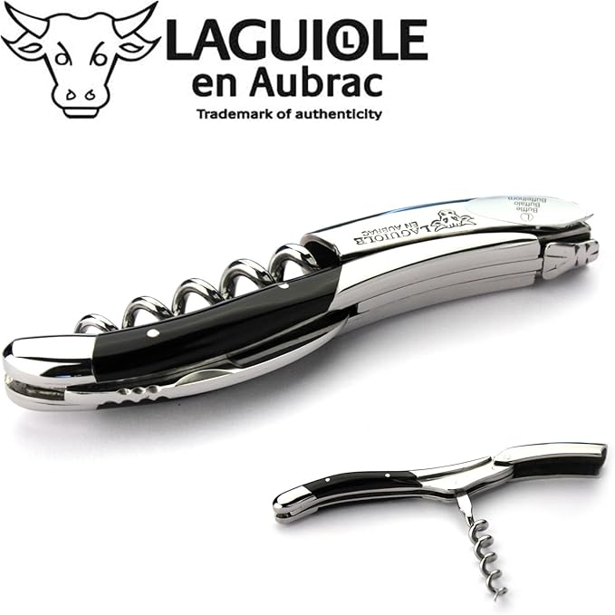 Laguiole En Aubrac Sommelier Waiter's Corkscrew, Buffalo Horn Handle, Wine Opener With Foil Cutter & Bottle Opener, Stainless Steel Shiny Bolsters