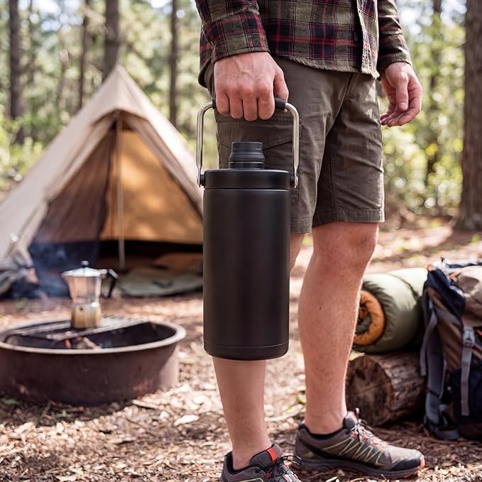 Kerilyn Insulated Half Gallon Jug with Handle, 64oz Stainless Steel, Large Double Vacuum Water Bottle for Hot & Cold Drinks, Wide Mouth, Sweat Proof, Great for Travel, Camping, Black