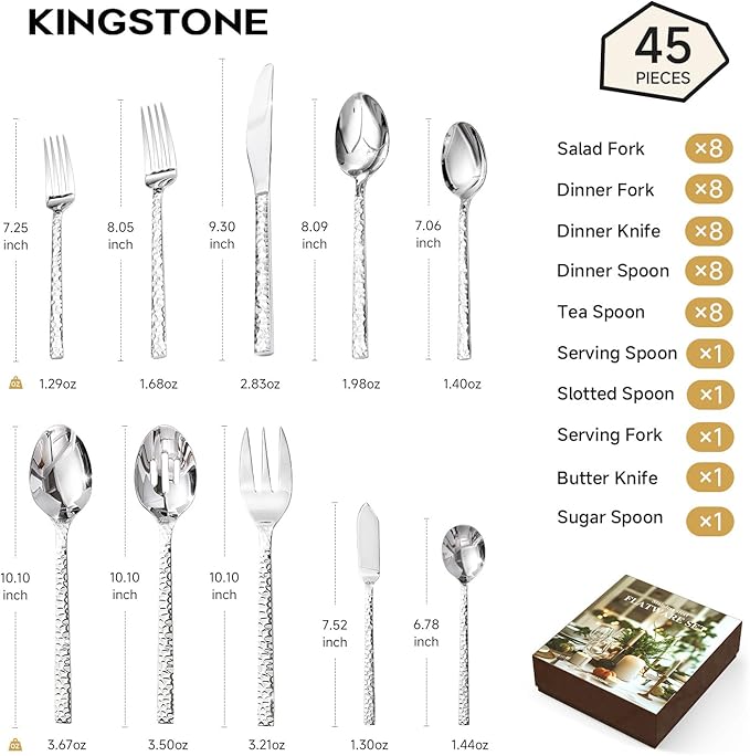KINGSTONE 45 Piece Hammered Silverware Set with Serving Utensils, 18/10 Stainless Steel Flatware Set for 8, Cutlery Set for Home, Party, Wedding, Mirror Polished Dishwasher Safe