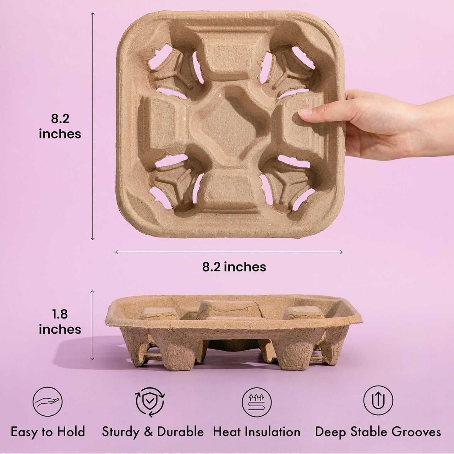 FMP Brands 4 Cup Disposable Drink Carrier Trays, 80 Pack Compostable Pulp Fiber Cup Holder for 8-32 oz Cup, Durable to Go Coffee Cup Holders for Delivery Service, Uber Eats
