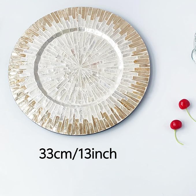 13 Inch Mother of Pearl Shell Placemat Plate – Large Round Decorative Heat for Table or Kitchen,Cabinet, Tabletop (Champagne White, 13 Inch)