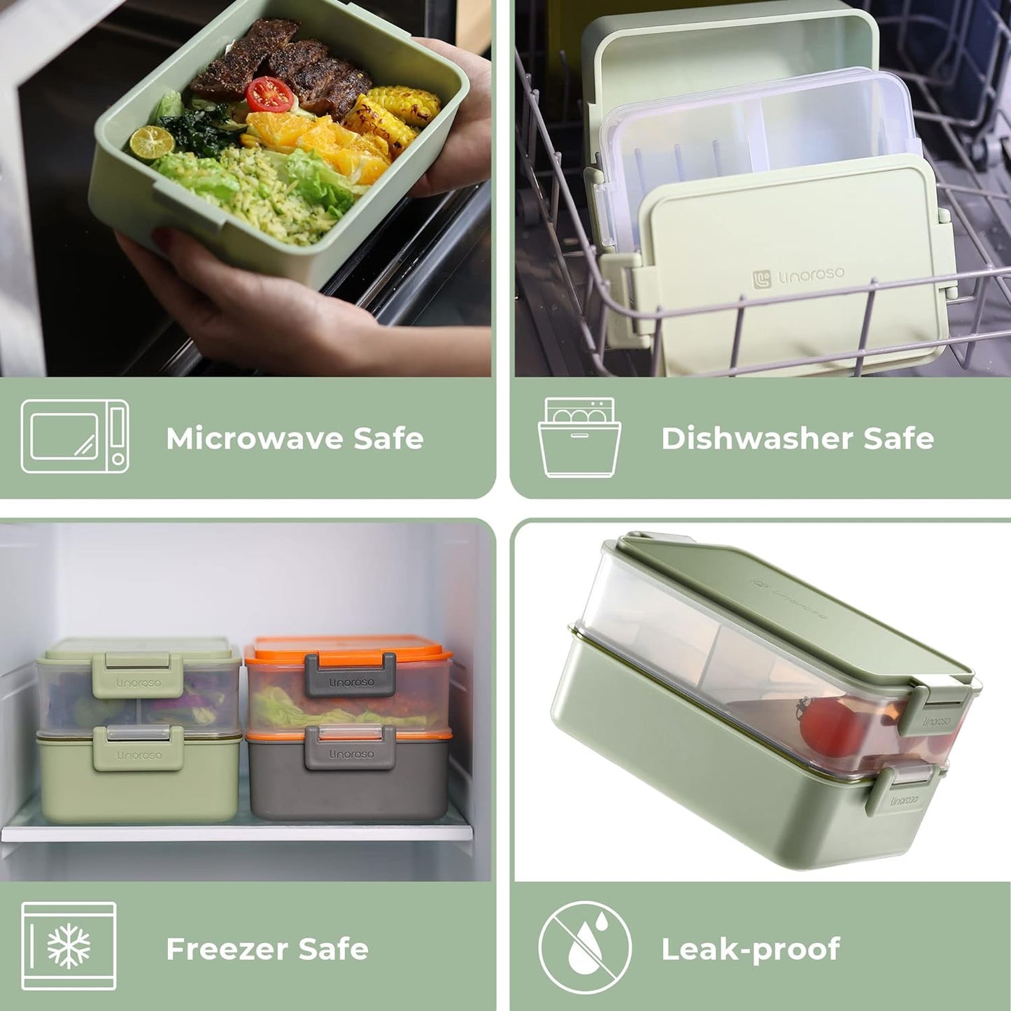 linoroso Stackable Bento Box Adult Lunch Box | Meet All You On-the-Go Needs for Food, Salad, and Snack Box, Premium Bento Lunch Box for Adults Include Utensil Set, Dressing Containers - Pale Mint
