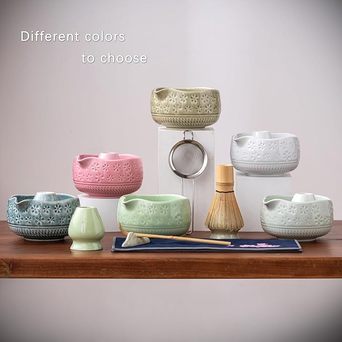 Buucup Matcha Whisk Set, Ceramic Matcha Kit Includes Matcha Bowl, Matcha Whisk and Holder, Bamboo Scoop, Scoop Rest, Sifter and Tea Towel - 7 Pcs Matcha Kit for Matcha Lovers (Blue)