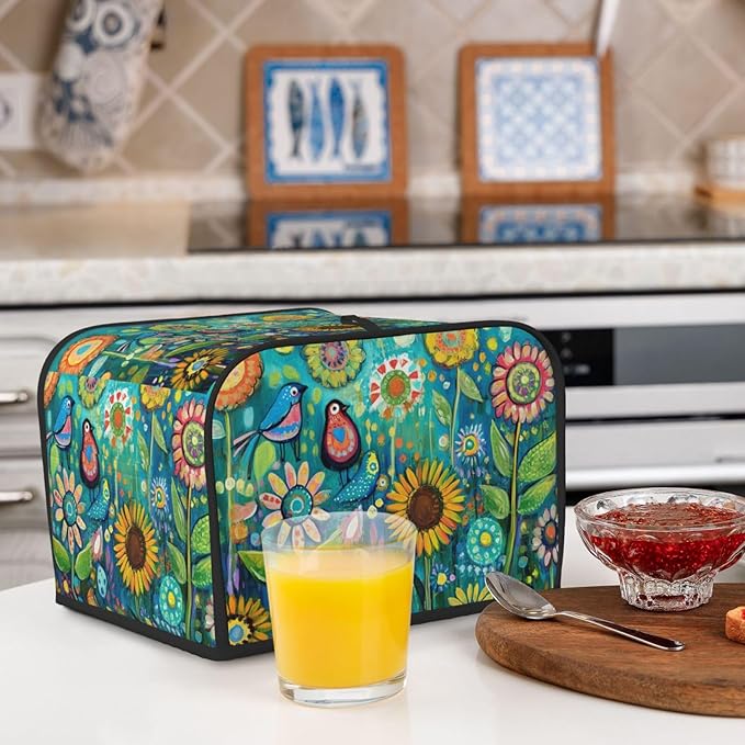 Folk Art Birds Flower Covers for Toasters 4 Slice,Cute Funny Bread Machine Cover with Handle,Washable Stain Resistant Kitchen Small Appliance Cover Dining Decor