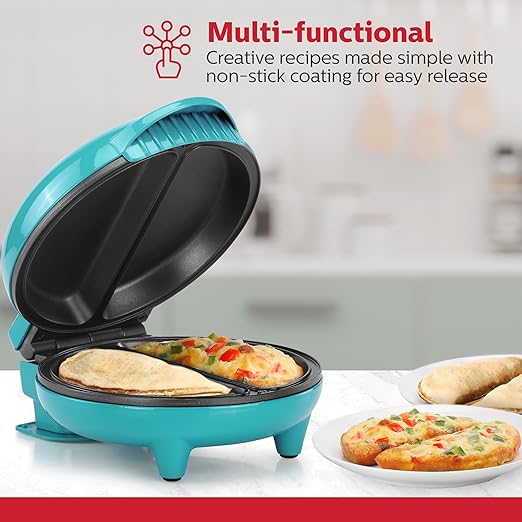 Holstein Housewares Stainless Steel 2 Section Omelet & Frittata Maker, Non Stick Coating, Easy To Clean, Indicator Lights, Compact Storage, Prepare Versatile Recipes in Minutes. 2 Portions, Teal