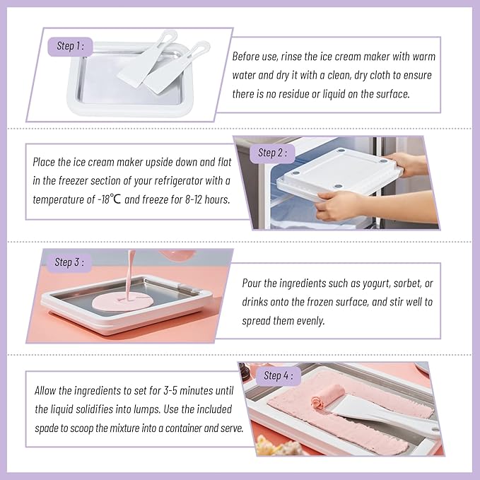 Rolled Ice Cream Maker Instant Ice Cream Maker with 2 Spatulas Frozen Yoghurt Plate Homemade DIY Instant Gelato Pan/Roll (Lavender)