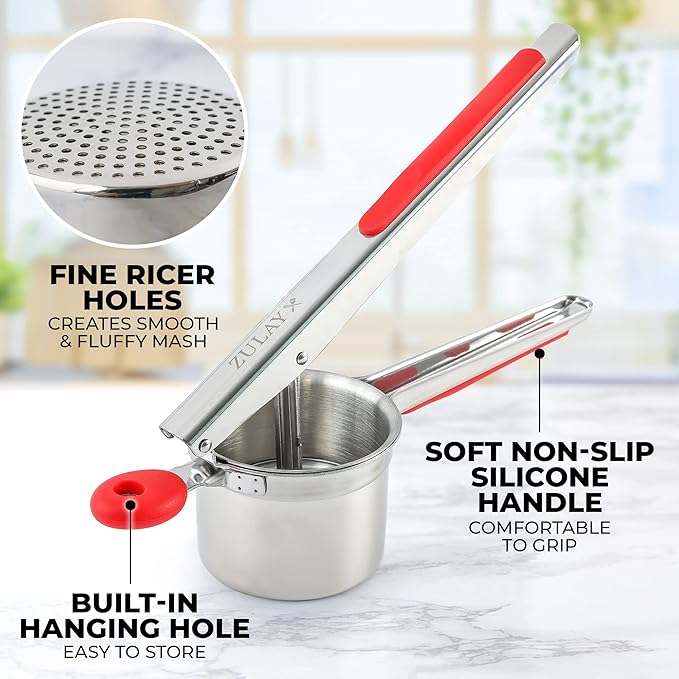 Zulay Kitchen Premium Large 15oz Potato Ricer, Heavy Duty Professional Stainless Steel Potato Masher and Ricer Kitchen Tool, Press and Mash Kitchen Gadget - Red and Silver Fixed Disc