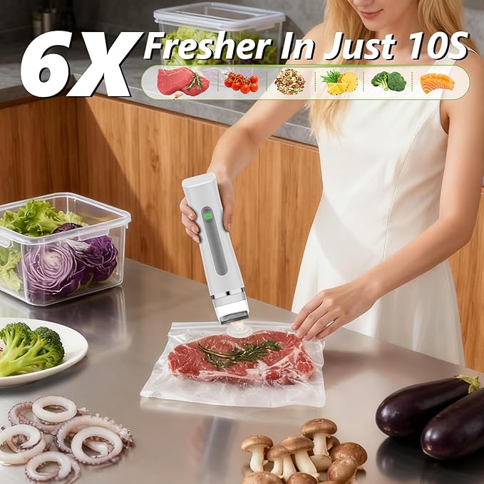 Vacuum Sealer for Food with Visible Water Tank, Handheld Vacuum Sealer Machine with 30 Reusable Bags, Compact Food Sealer Saver for 6X Preservation & Fresh, Wireless & Portable