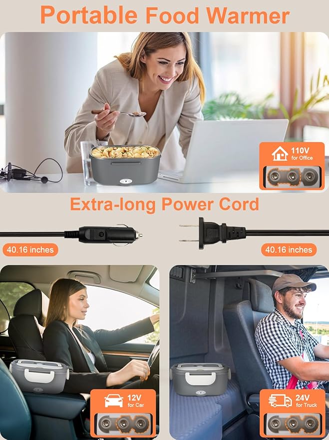 SOHIDA Electric Lunch Box Food Heater, 80W Heated Lunch Box for Adults, 12V 24V 110V Portable Food Warmer LunchBox for Car Truck Work with Removable 304 Stainless Steel Container White