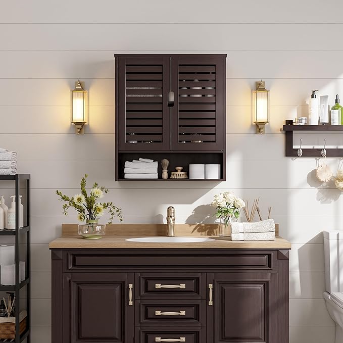 SMIBUY Bathroom Cabinet Wall Mounted, Bamboo Over-The-Toilet Storage Organizer, Space Saver Medicine Cabinet with 2 Door and Adjustable Shelves (Dark Brown)