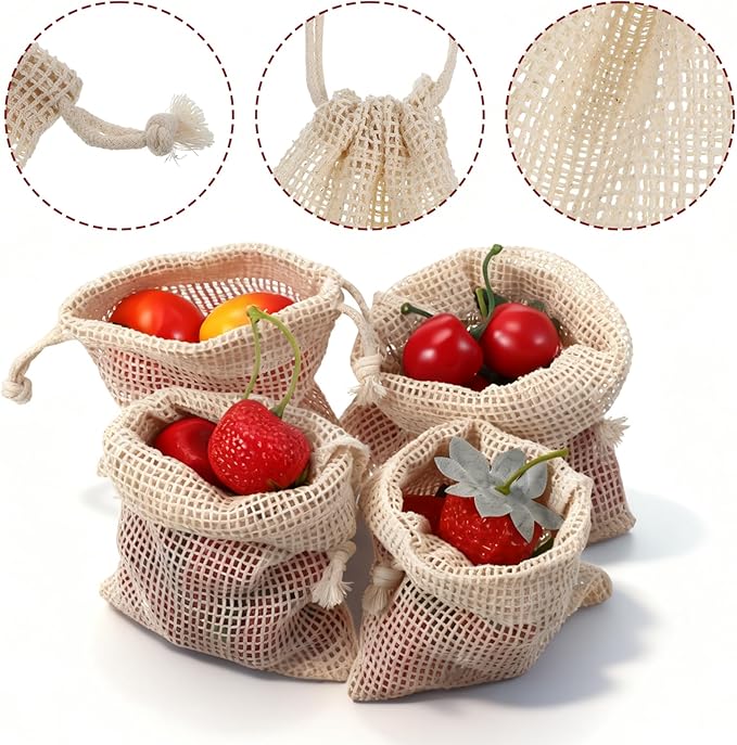 6 Pack Reusable Produce Bags, Cotton Mesh Bags With Drawstring for Vegetables Fruits Grocery Shopping, Multi Size Durable Washable Storage Bag (2L,2M,2S)