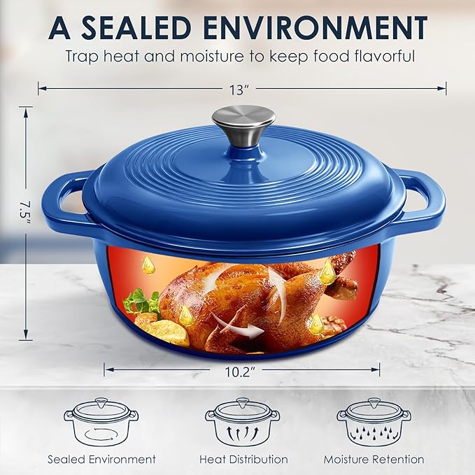 Cast Iron Dutch Oven Pot With Lid - AIVIKI 5QT Enameled Dutch Oven for Bread Baking With Cotton Potholders - Heavy- Duty Cookware Across All Cooktops, Wedding Registry Ideas & Gifts, Blue