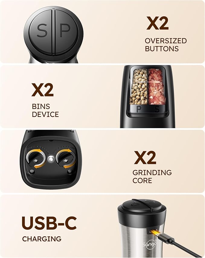 USB Rechargeable 2 in 1 Electric Salt and Pepper Grinder Set Shaker & 5 in 1 Blender and Food Processor Combo for Kitchen