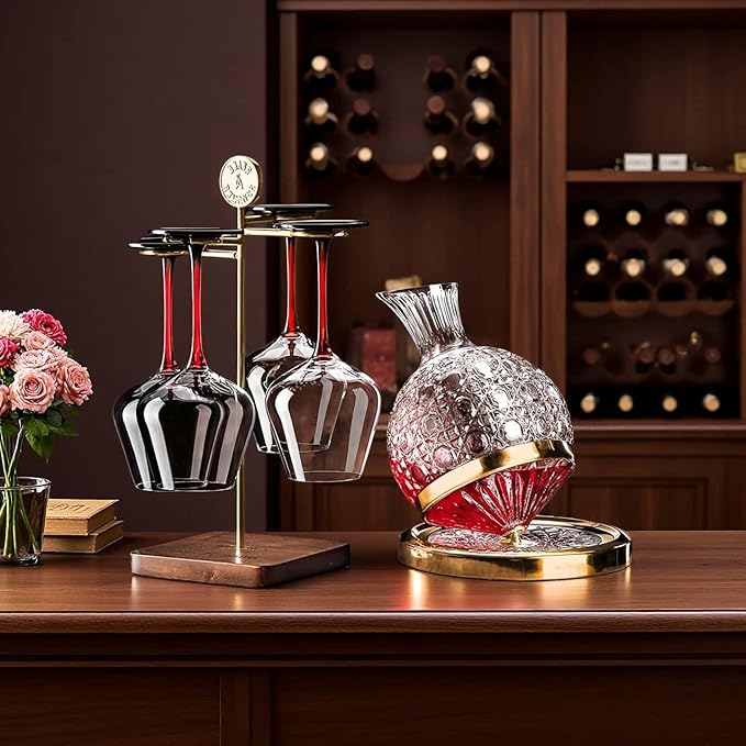 Wine Decanter Set - Spinning Crystal Red Wine Decanter Carafes, Jarler Football Rotory Hand Blown 1.5L Glass Wine Aerator Quick Decanter，Wine Gift for Him, Wine Lover, Father Gift (Gold+Clear)