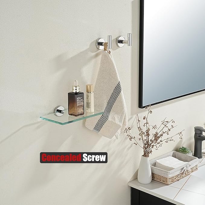JQK Bathroom Glass Shelf Chrome, Tempered Glass Shower Storage 8 by 5 inches, 304 Stainless Steel Polished Chrome Wall Mount 2 Pack, TGS101L8-CH-P2