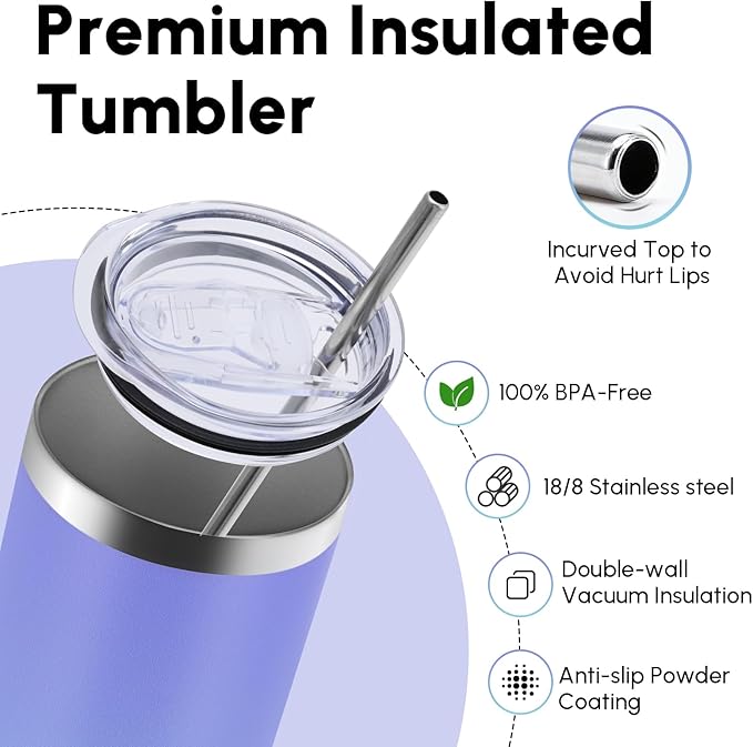 Volhoply 20 oz Skinny Tumbler with Lid and Straw, Stainless Steel Straight Tumblers Cup, Vacuum Insulated Coffee Mug for Home, Office, Travel, DIY (Purple Bule,1 Pack)