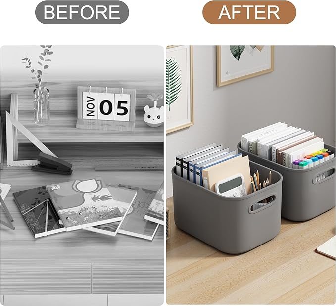 ORGIDOL 8 Pack Dark Grey Storage Bins with Lids Stackable Storage Container for Organizing, Storage Boxes with Handle for Shelves, Cute Organizer Bins for Craft, Snacks, 9.85x6.9x5.7 inch