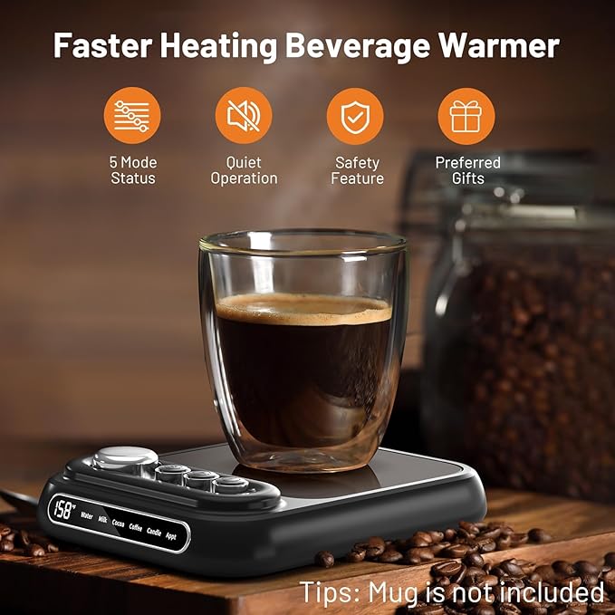 Coffee Mug Warmer with 5 Temps, Coffee Cup Warmer for Desk Faster Heat-Up & 1-10H Timer, Smart Electric Beverage Warmer with Auto Shut Off & LCD Display, Ideal Gifts for Coffee,Tea,Milk,Cocoa (NO CUP)