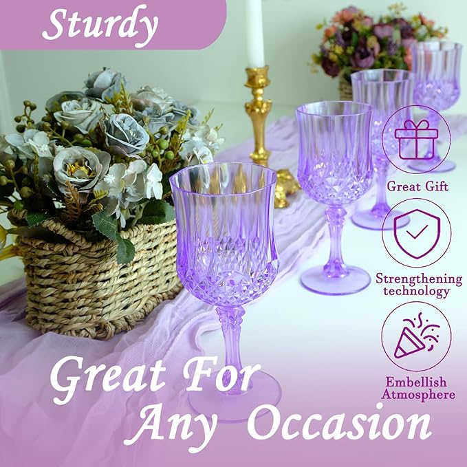 Plastic Wine Glasses, Plastic Goblets Vintage Style Cordial Unbreakable Drinking Glasses, Reusable Drinkware for Wedding Reception, Grand Event Party Supplies (12, Purple)