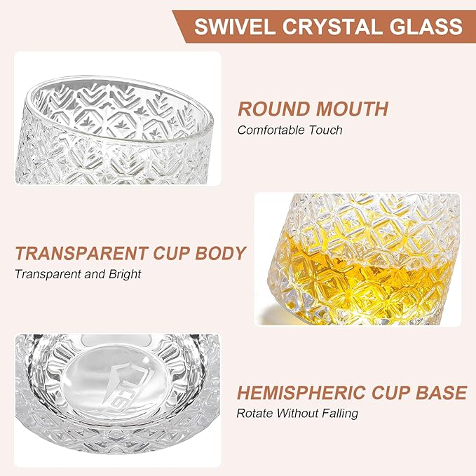 Rotatable Old Fashioned Glass, 275ml/10oz Crystal Whiskey Glass Set of 4, Wood Coaster, Thickening, Used as Rum Glass, Cocktail Cup, Coffee Cup, Milk Cup to Relax and Reduce Stress, Christmas gifts