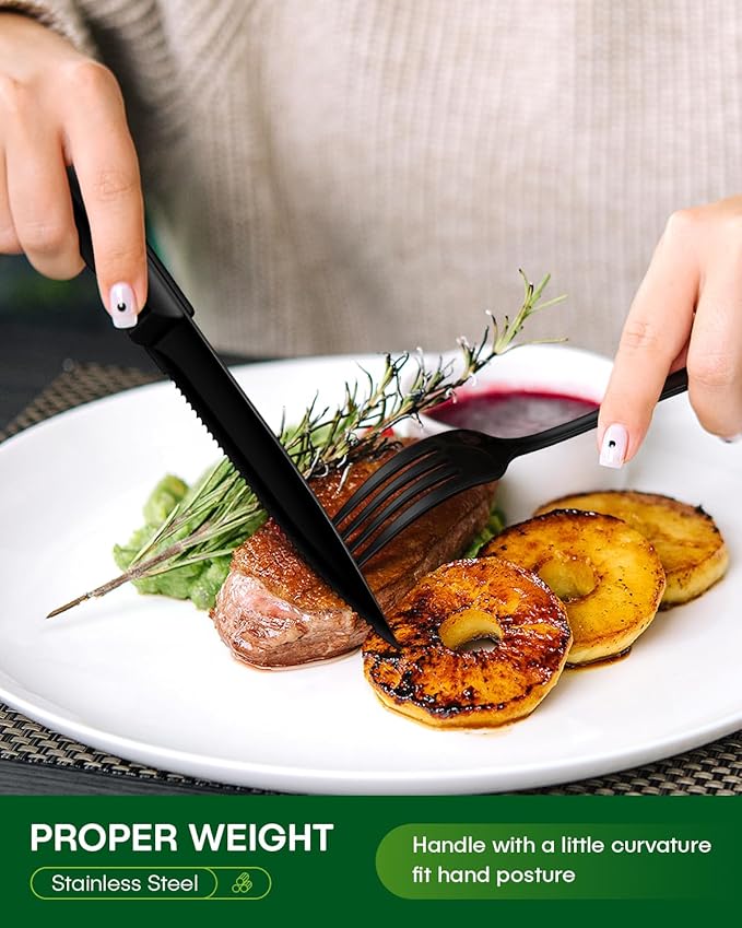 PHILIPALA Black Silverware Set, 48-Piece Flatware Set with Steak Knives for 8, Stainless Steel Mirror Cutlery Include Forks Spoons and Knives Set, Dishwasher Safe Utensils Set for Home Restaurant