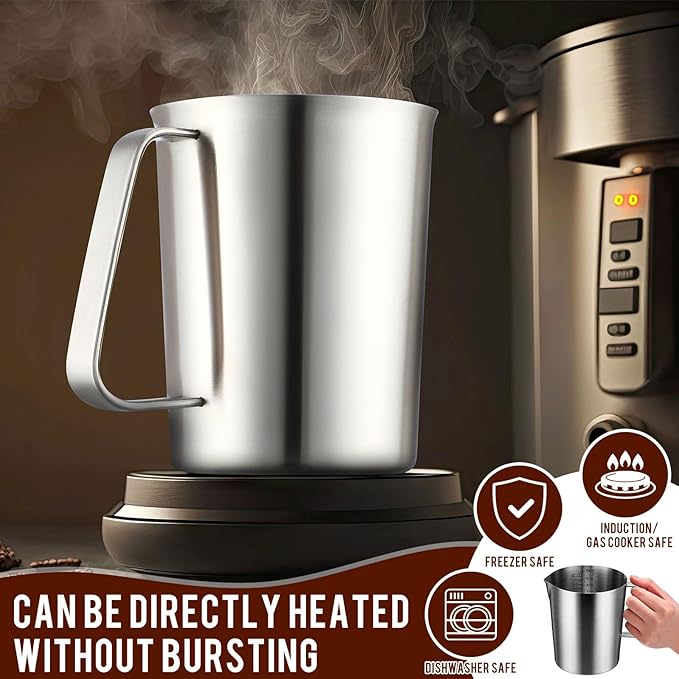 Copkim 4 Pcs Stainless Steel Pitcher with Handle and Pour Lip 33.8 Oz, 1000 Ml, 4 Cup Metal Liquid Measuring Cup Measuring Jug Milk Frothing Pitcher for Milk Latte Art Water Pouring
