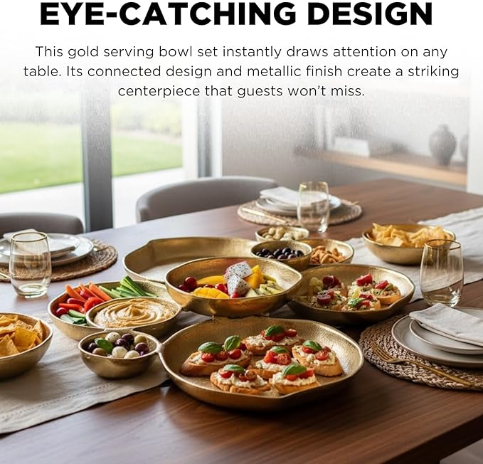 9 Cluster Decorative Bowls Bright Gold Brass Snack Tray Bowl Chip & Dip Serving Piece Strong Brass Centerpiece Beautiful Room Accent & Entertaining Parties Home Decor Wedding Gifts 22 Inch Decorative