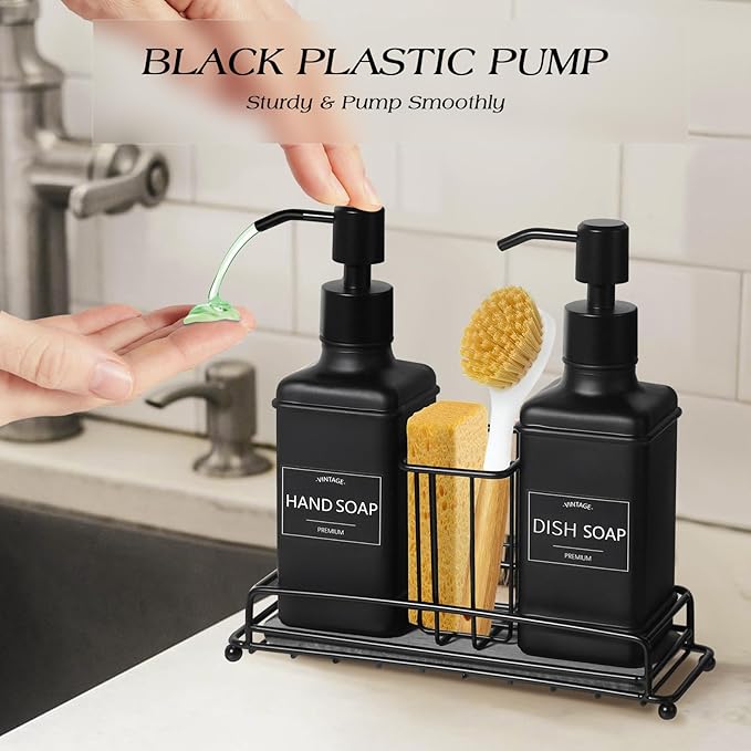VIMERPA Dish Soap Dispenser with Adjustable Sponge Holder, 10 fl oz Kitchen Hand and Dish Soap Dispenser Set, Matte Black Bottle and Vintage Design