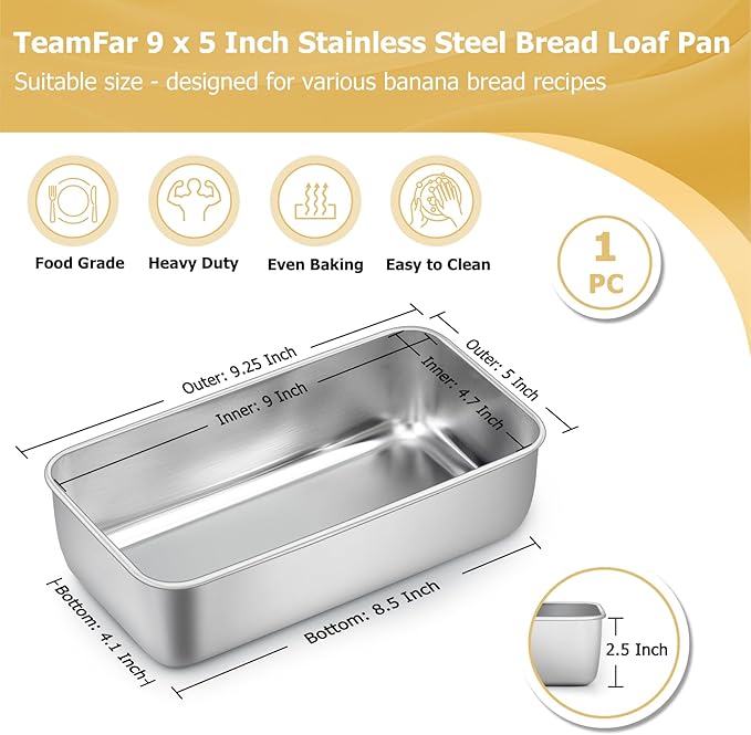 TeamFar Loaf Pan, 9¼” × 5” Bread Loaf Pan Meatloaf Pan Stainless Steel for Baking Bread Cake Toast, Healthy & Durable, Dishwasher Safe & Easy Clean
