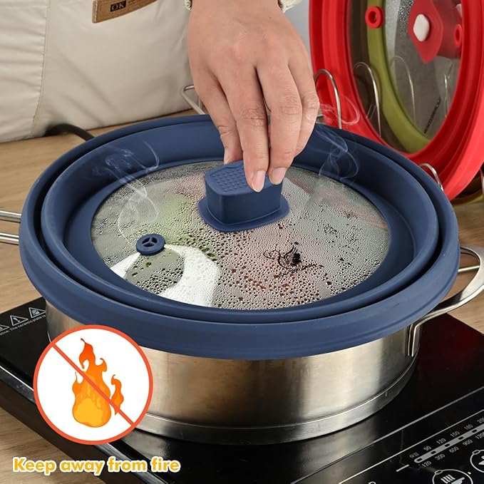 Tall Microwave Splatter Cover Glass Cover Guard Lid 5.8 inch Height with Collapsible Silicone for Food Pot Plate 10.8 inch Dark Blue