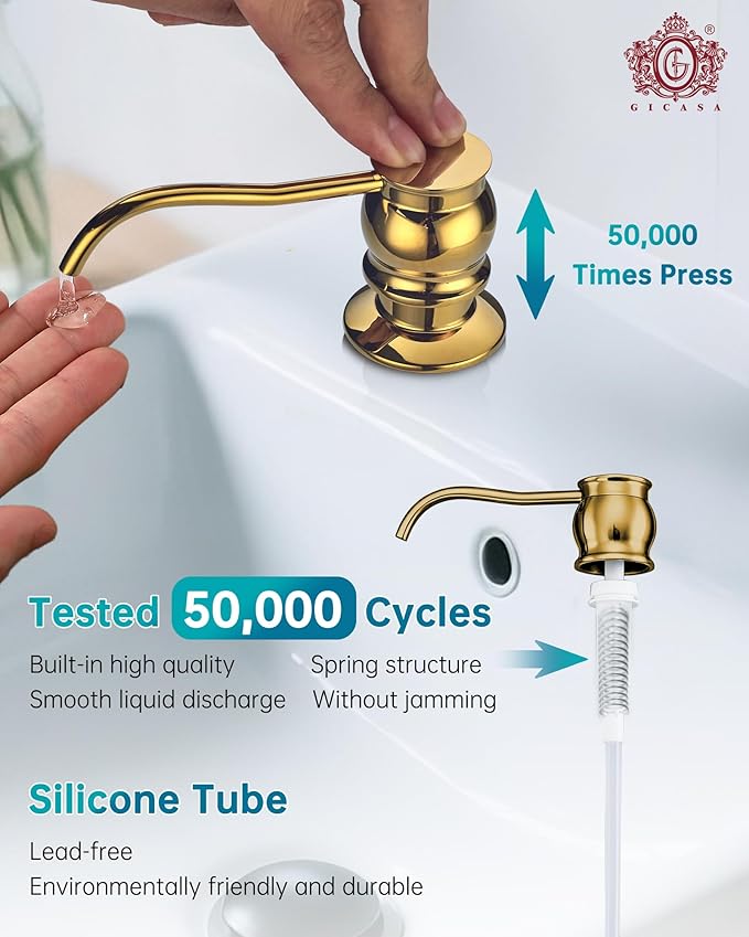 Built in Deck Mount Liquid Lotion Kitchen Countertop Metal Soap Dispenser, Gold Brass Dispenser Pump with 500ml (17oz) High Capacity Bottle