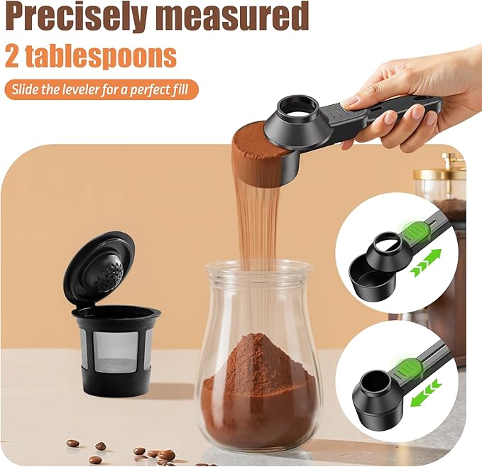 CAPMESSO Coffee Scoop & Funnel for Reusable K Cup Refillable Coffee Pods: 2 Tablespoon Coffee Measuring Scoop - Easy Slide Scoop for Ground Coffee, Protein Powder, Tea without Spilling (1 Pack)
