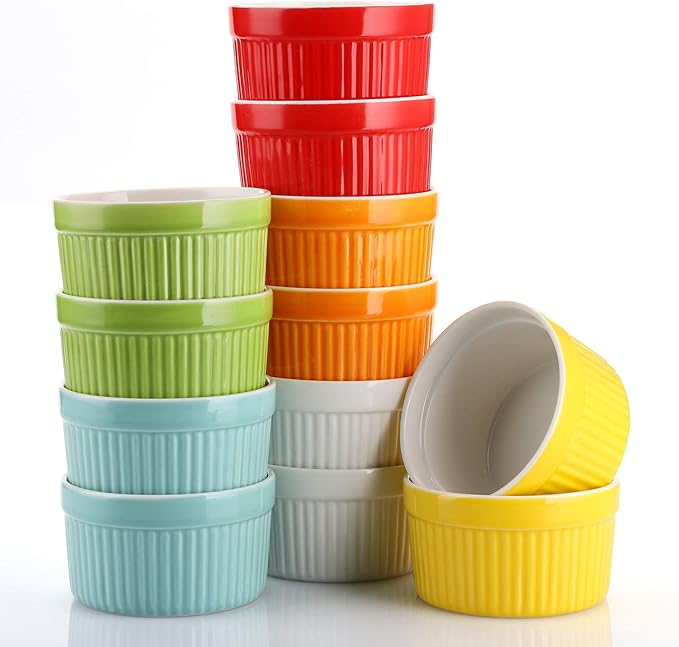 Foraineam 12 Pack 6 oz Ramekins Bakeware 6 Colors Porcelain Souffle Dishes Dessert Custard Baking Cups for Souffle, Creme Brulee and Ice Cream