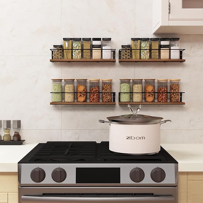 Spice Rack Self-Adhesive or drilling, Rustic Style Hanging Spice Rack, Spice Organization for Cabinet Door or Wall Mount, Over The Stove, Kitchen Wall, 4-Pack