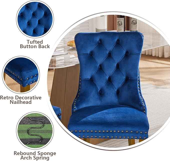 Velvet Dining Chairs Set of 4, Modern Tufted Dining Room Chair, Upholstered Dining Chairs with Lion Head Pulls Ring and Golden Solid Wood Legs, Luxury Kitchen Chairs for Dining Room, Blue