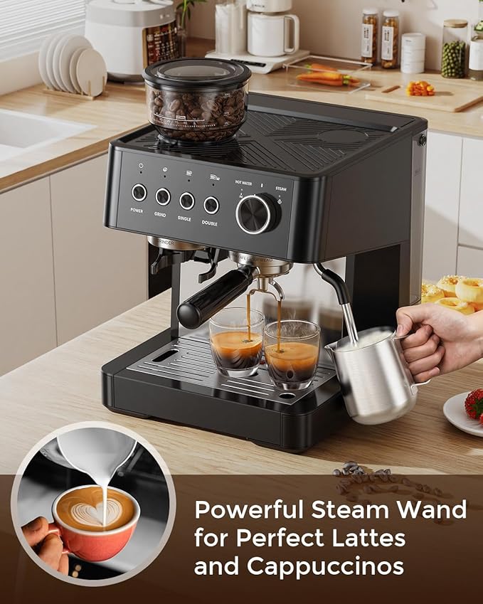 (2026 Upgrade) Espresso Machine with Grinder, Expresso Coffee Machines with Built-in Anti-Clog Coffee Grinder/Milk Steam Wand/Frother, Expresso Machines for Home Perfect Cappuccino & Latte-Matte Black