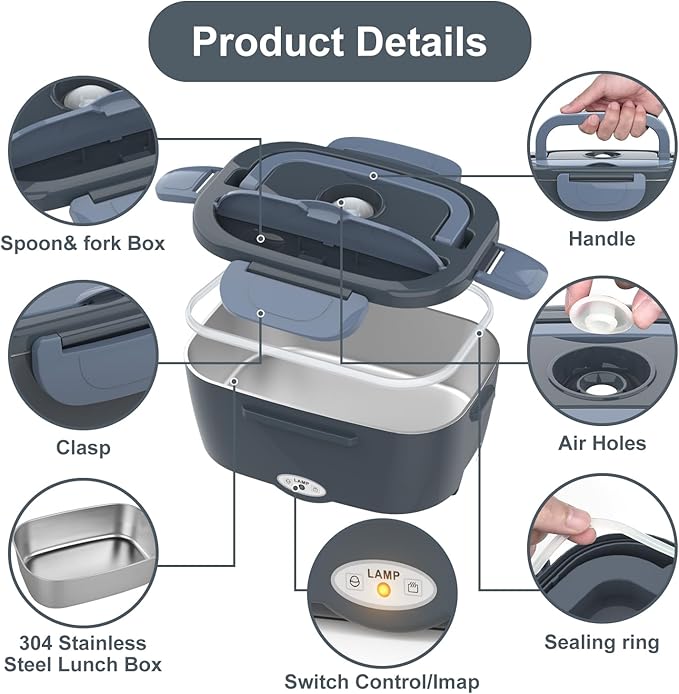 Herrfilk Electric Lunch Box Food Heater, 3 in 1 Ultra Quick Heated Lunch Boxes for Adults, 12V/24V/110V Portable Food Warmer for Car/Truck/Office With Fork Spoon and Insulated Carry Bag