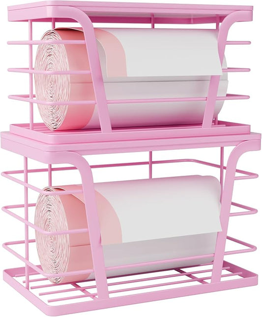 2 Pack Pink Trash Bag Holder - Stackable Garbage Bag Dispenser with Bamboo Top, Kitchen Accessories & Decor, Wall Mount Storage for Kitchen, Home, Bathroom Decor & Gifts