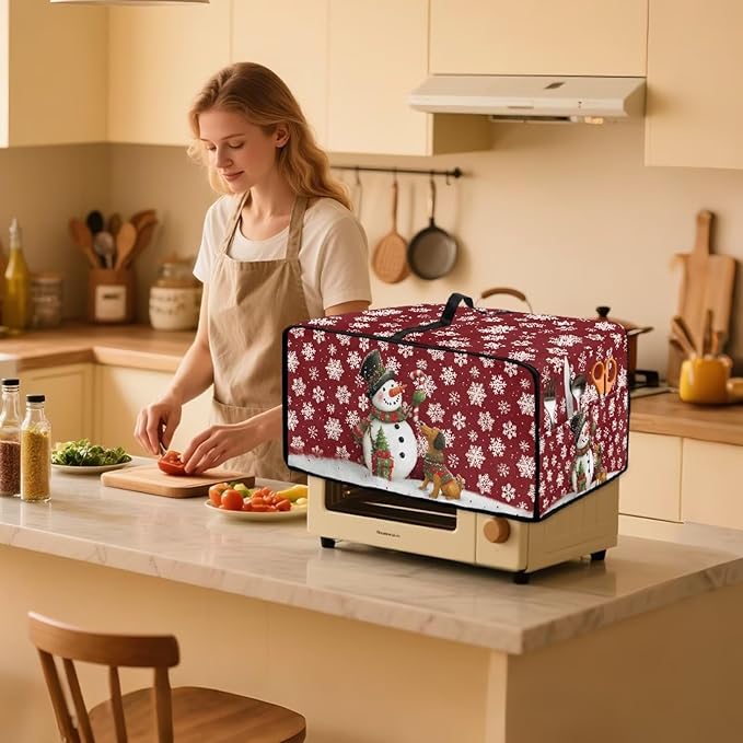 Toaster Oven Dust Cover with Storage Pockets, Protective Decorative Smart Oven Cover for for Kitchen Countertop, M, Snowman Dachshund Dog Snowflake Red Christmas Decor