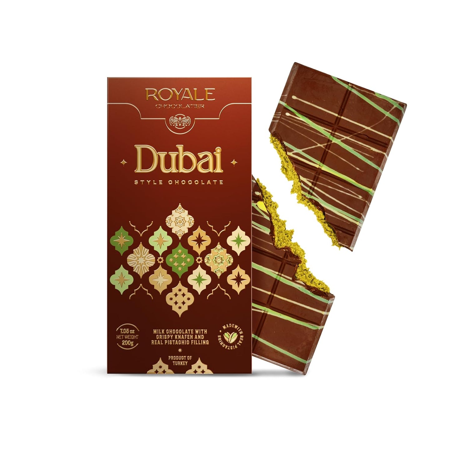 Royale Chocolatier Large Dubai Chocolate Bar (200 gr)|Grade-A Pistachio and Knafeh | Gooey Filling | Coverture Cocoa Butter | White Chocolate Drizzle | No Preservatives or Artificial Coloring