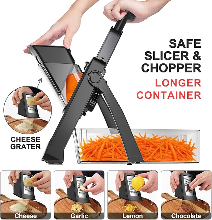 QYKIC 2026 Upgrade Safe Mandoline Slicer,Vegetable Chopper,Potato Slicer, Onion Chopper with Drain Basket Storage Container, Cheese Grater Kitchen Chopping Artifact (Black)