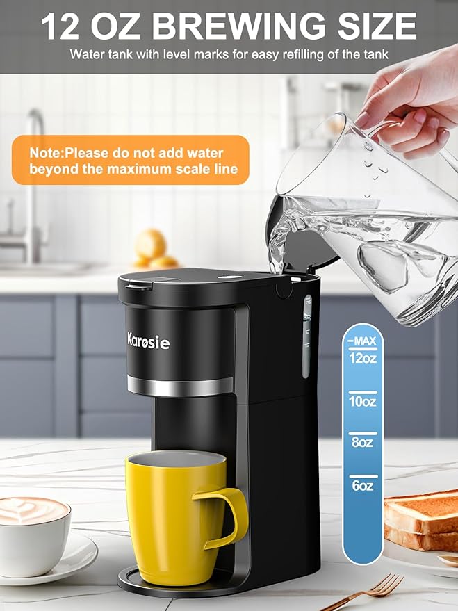 Small Single Serve Coffee Maker, Fast Brew for K-Cup & Ground Coffee, 6-12 Oz Brew Sizes, One-Button Single Cup Coffee Maker, Coffee Machine with Descaling Reminder